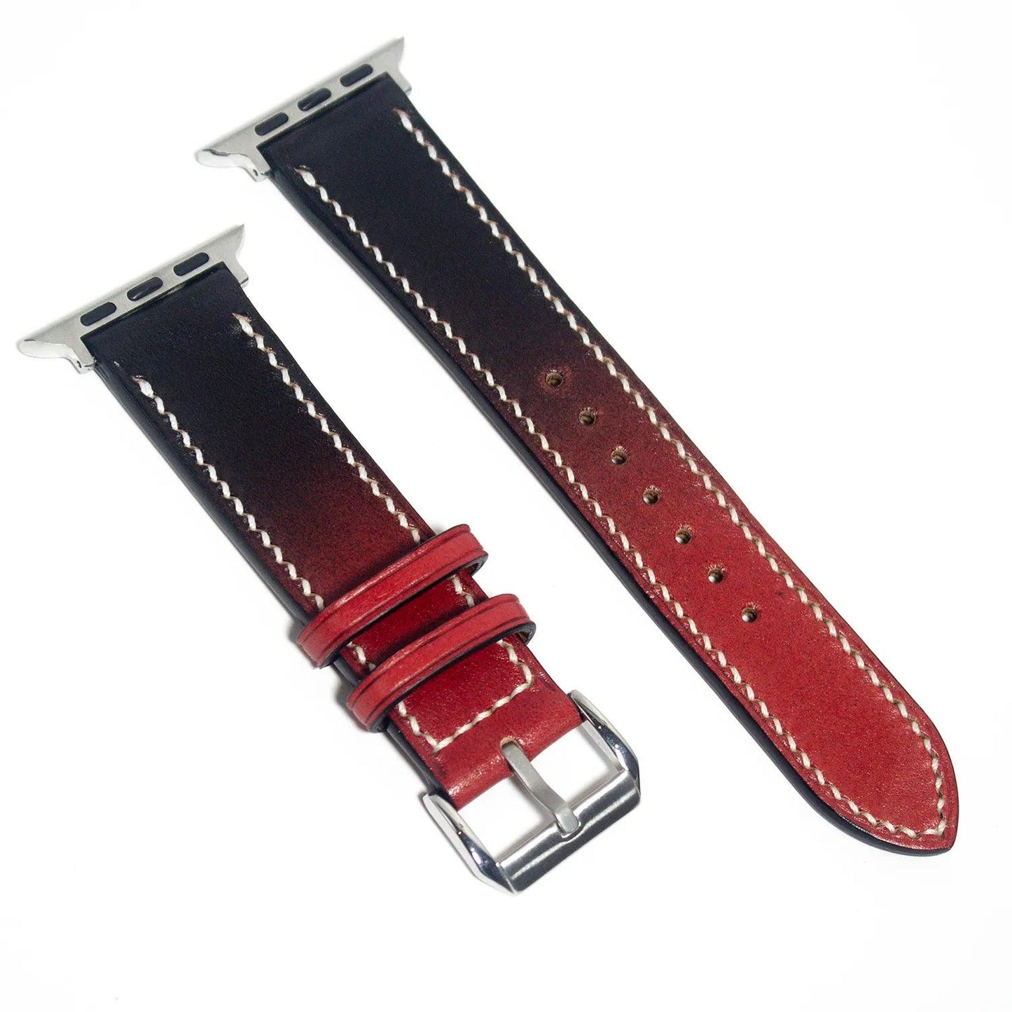 Innovative leather Apple Watch band that blends red into black using Veg leather, ideal for those who appreciate a smooth transition.
