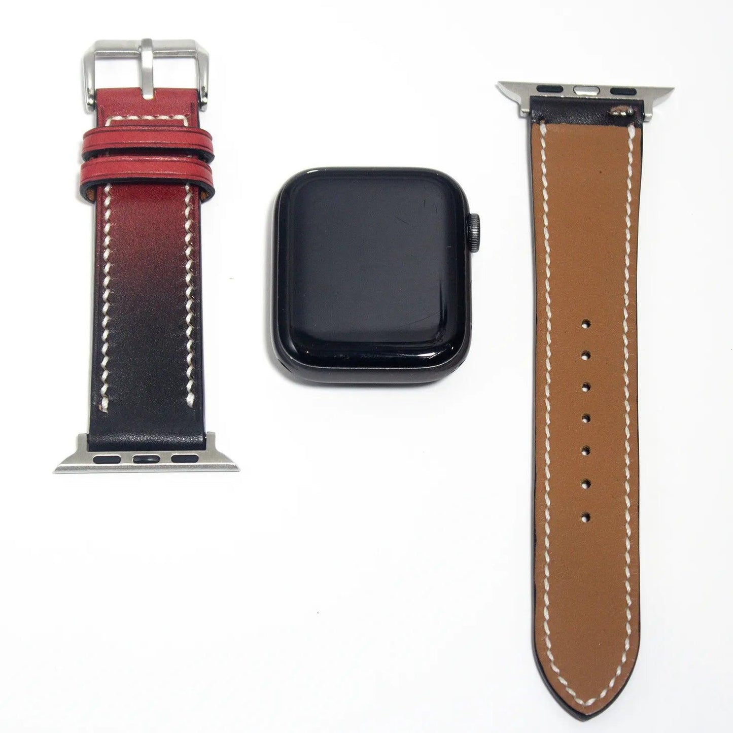 Durable leather watch straps made from Veg leather, featuring a red to black gradient for a visually stunning transition.