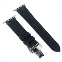 Elegant leather Apple Watch band made from sleek black Epsom leather, ideal for enhancing any outfit with a touch of class.