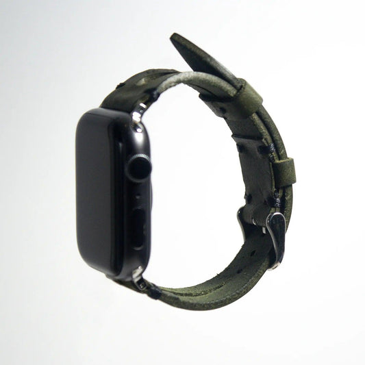 Eco-friendly apple watch leather band in vibrant green Pueblo leather, stylish and sustainable.