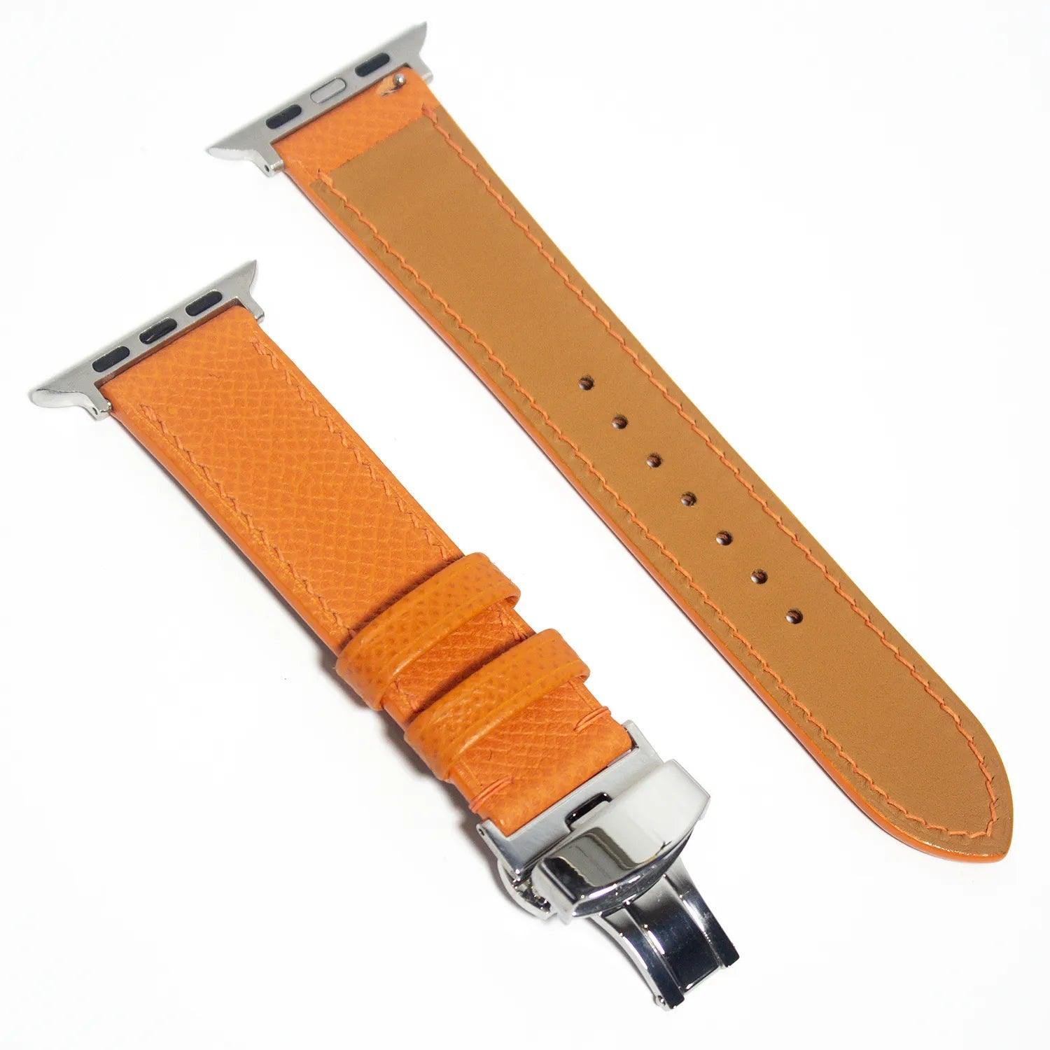 Fashion-forward leather watch bands made from vibrant orange Epsom leather, ideal for those who love to make a statement.