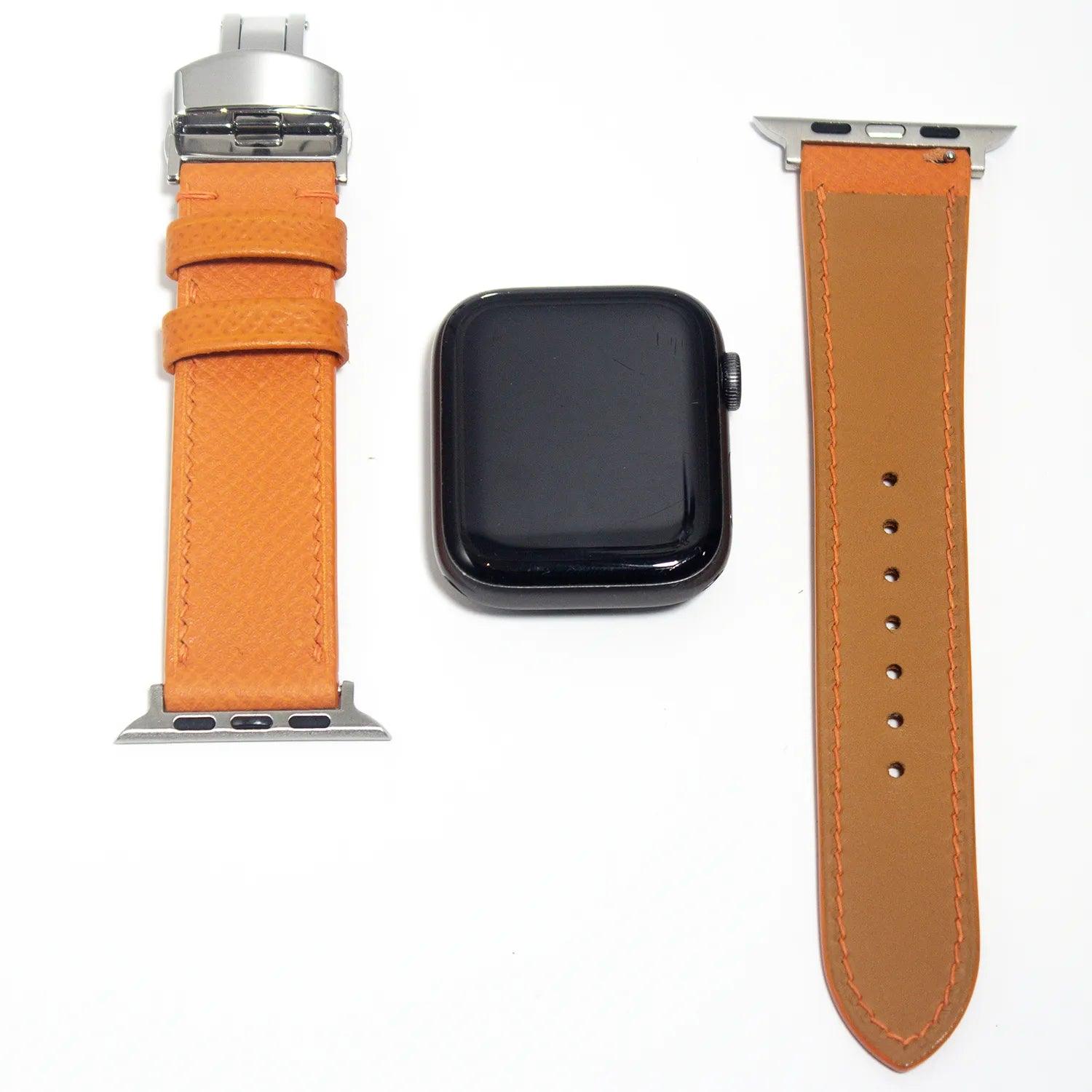 Durable leather watch straps in eye-catching orange Epsom leather, combining functionality with vivid style.